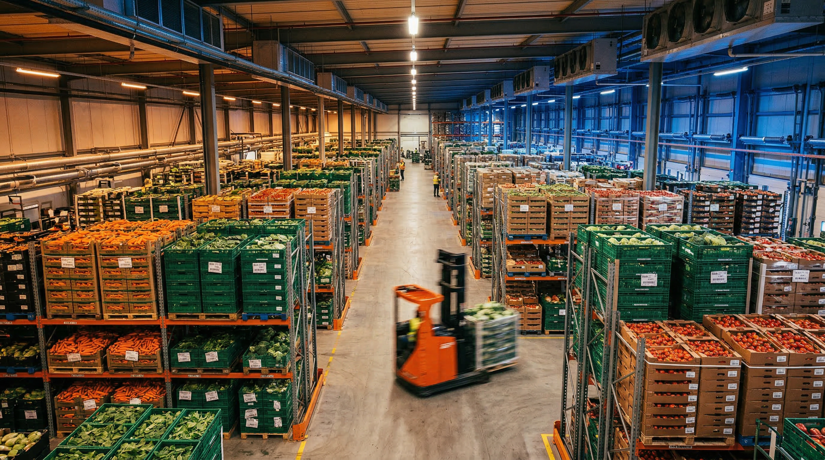 Busy produce warehouse with rows of fresh vegetables and a forklift in motion
