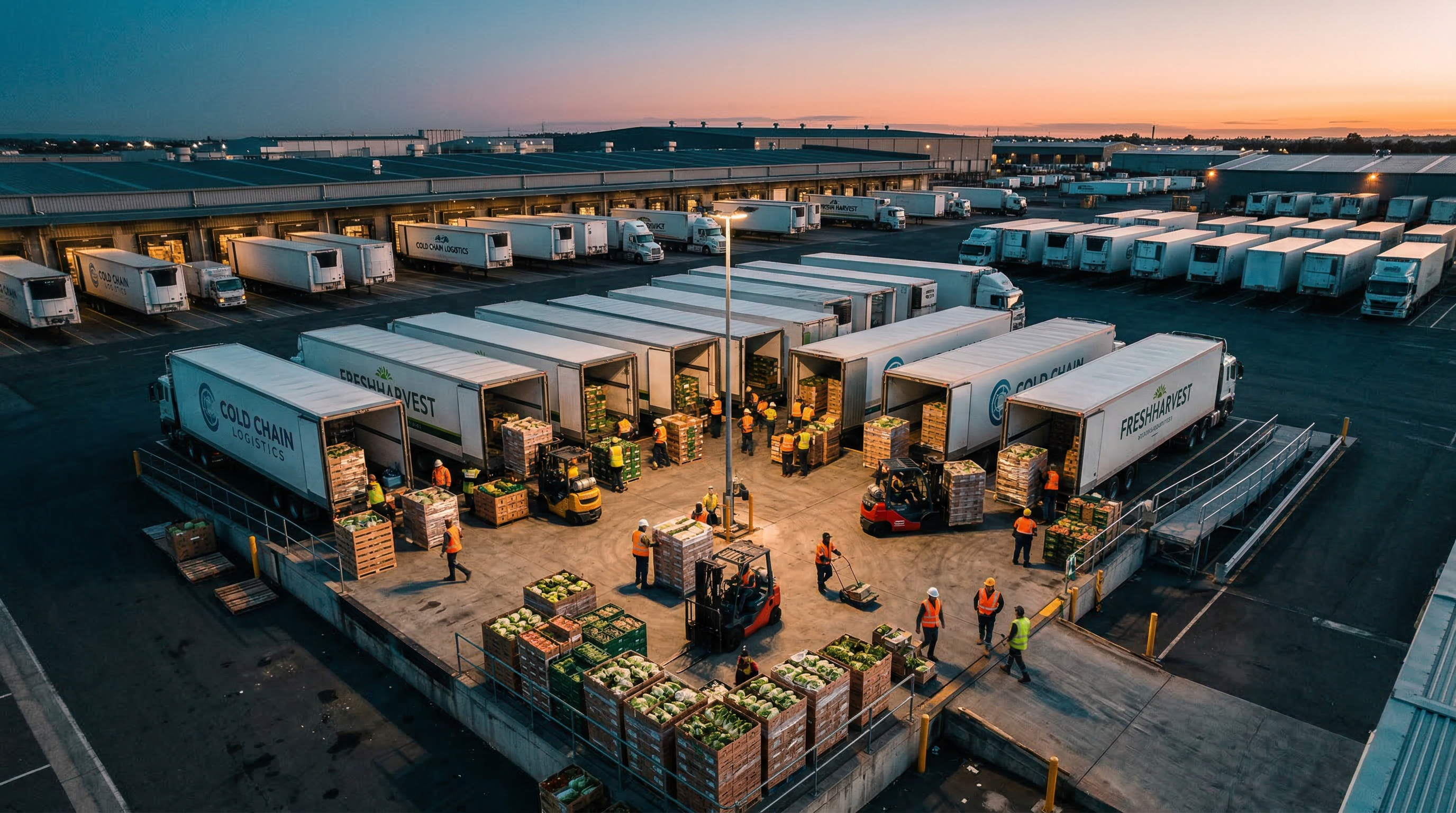 Aerial view of a loading dock at dawn with refrigerated trucks being loaded with produce